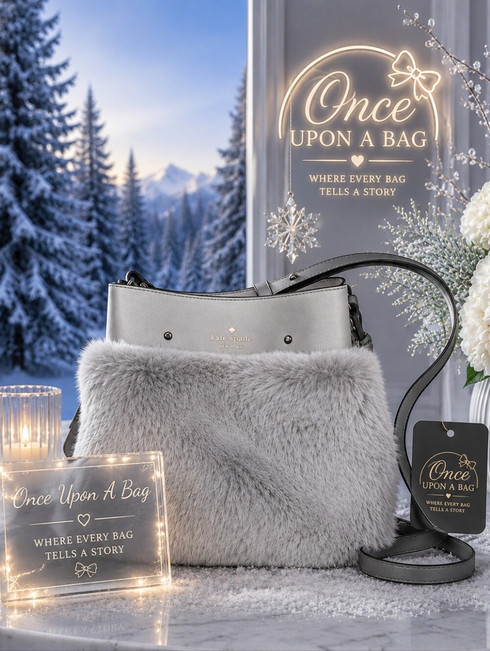NWoT kate spade Gray Faux Fur and Leather Crossbody Bag